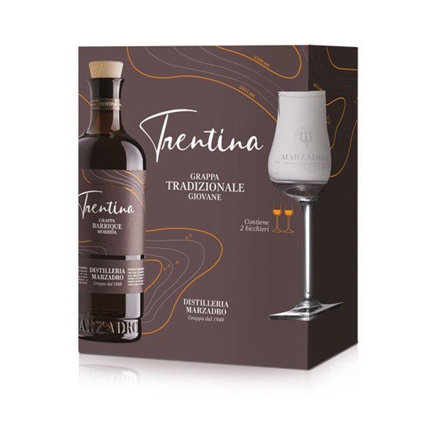 Confezione regalo -La Trentina Morbida (50 cl.) + 2 bicchieri Tulipe - Marzadro