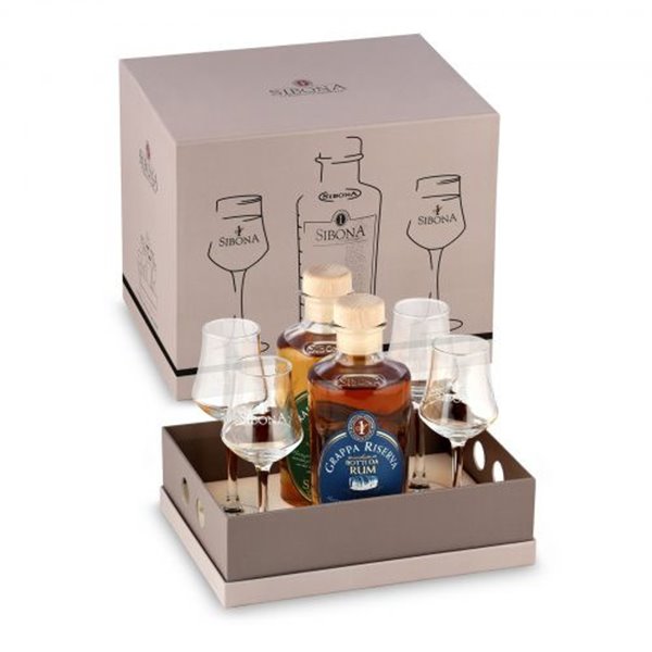 Distilleria Sibona - Box Vassoio 1 bt. Liquore Camomilla e 1bt Grappa Barbera con 4 bicchieri (2x50cl)