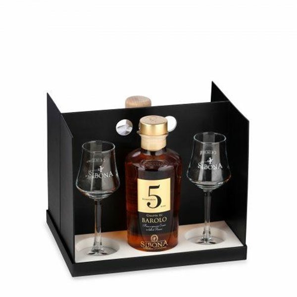 Distilleria Sibona - Confezione Box in Tavola (2 Bt. x50cl) : Grappa NEBBIOLO + Grappa BARBERA con 4 bicchieri