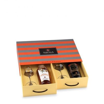 Distilleria Sibona - Confezione Cassetti con Liquore Camomilla e Liquore Caffe & Cacao con 2 bicchieri (2x 50cl)
