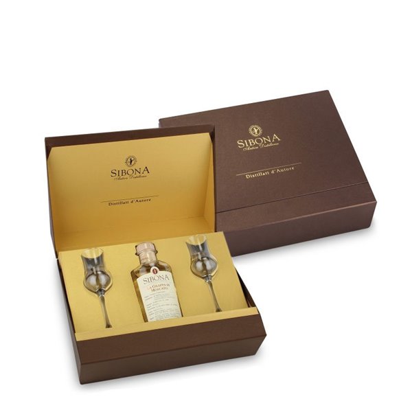 Distilleria Sibona - Confezione Regalo Galleria Sibona (1x50cl) Grappa di Chardonnay con 2 Bicchieri