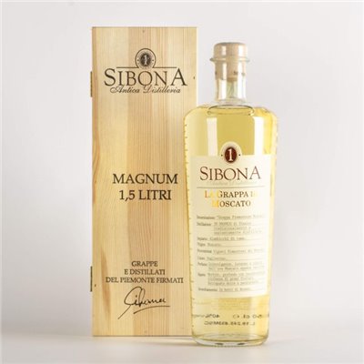Distilleria Sibona - Confezione regalo Grappa di Moscato MAGNUM con astuccio in legno 1,5 lt Distilleria Sibona - Confezione regalo Grappa di Moscato MAGNUM con astuccio in legno 1,5 lt
