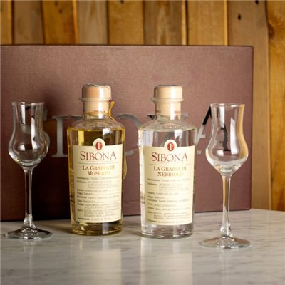 Distilleria Sibona - Confezione regalo Poker (2x 50cl) Grappa di Moscato e Grappa di Nebbiolo con 2 bicchieri degustazione