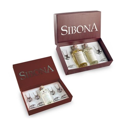 Distilleria Sibona - Confezione regalo Poker (2x 50cl) Grappa di Moscato e Grappa di Nebbiolo con 2 bicchieri degustazione