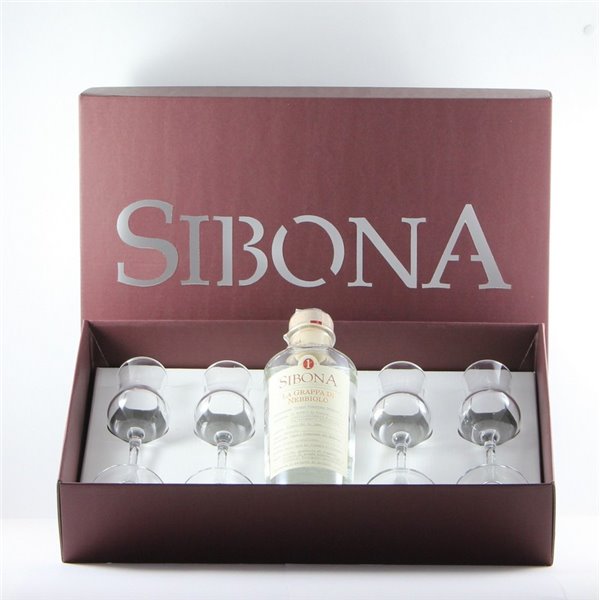 Distilleria Sibona - Confezione regalo Poker 1 bt. 50cl Grappa di Nebbiolo e 4 bicchieri degustazione