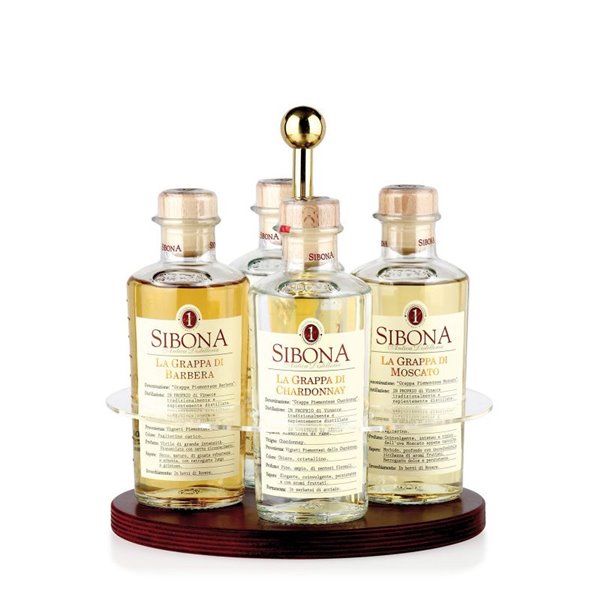 Distilleria Sibona -Esclusivo Portabottiglie per 4 Grappe Graduate Sibona (4x50cl)