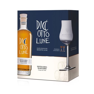Confezione regalo - Le Diciotto Lune(50 cl.) + 2 bicchieri Tulipe - Marzadro Confezione regalo - Le Diciotto Lune(50 cl.) + 2 bicchieri Tulipe - Marzadro